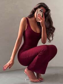 Women's Fashion Summer Sexy Elegant Backless Spaghetti Strap Red Long Ribbed Bodycon Bandage Dress, Evening Party Cocktail Nightclub Dress - Burgundy - View 4