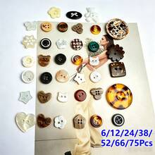 6/12/24/38/52/66/75Pcs Mixed Cute Button Set Brown Heart-Shaped Star-Shaped Round Buttons, Suitable For Sewing Crafts Handmade Projects Plastic Sewing Buttons Handmade Materials Decoration Accessories Sewing Small Buttons - Multiple Styles - View 1