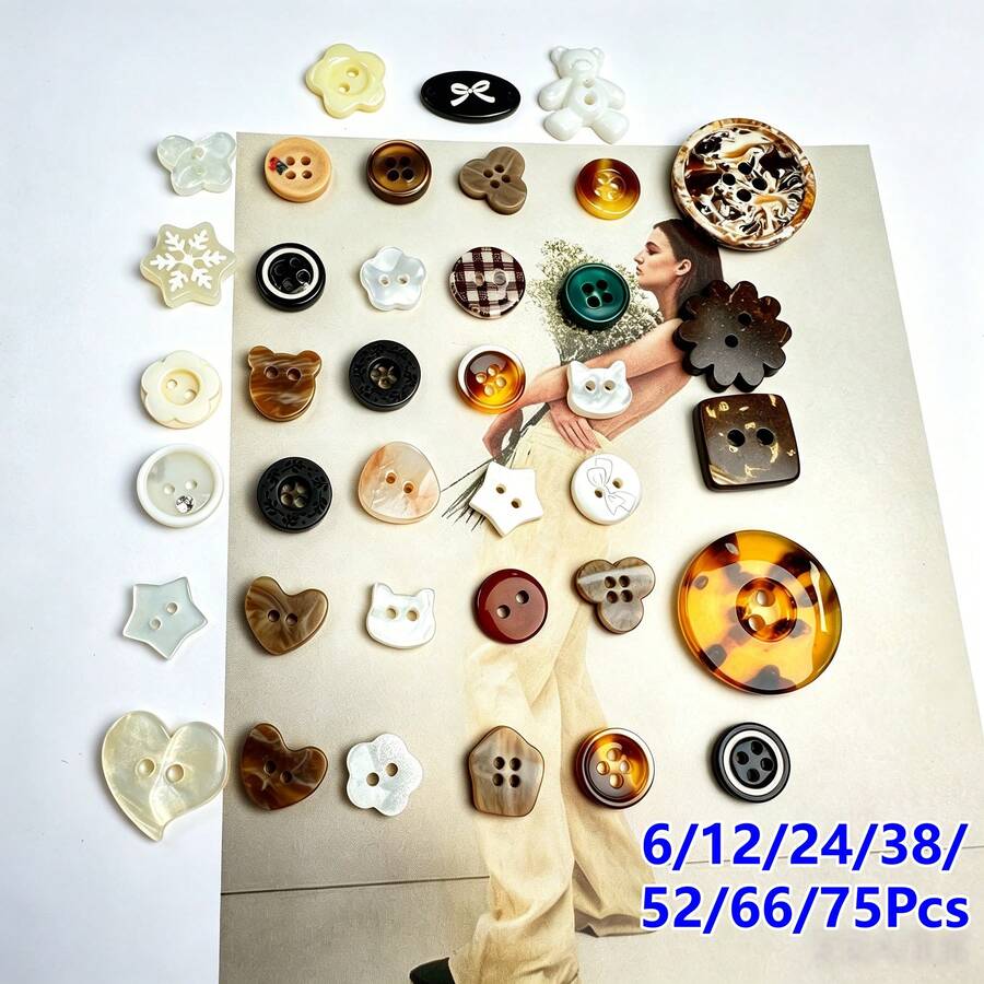 6/12/24/38/52/66/75Pcs Mixed Cute Button Set Brown Heart-Shaped Star-Shaped Round Buttons, Suitable For Sewing Crafts Handmade Projects Plastic Sewing Buttons Handmade Materials Decoration Accessories Sewing Small Buttons - Multiple Styles - View 1