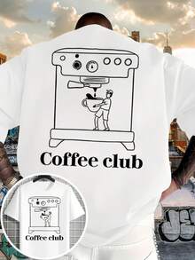 Nueva Camiseta para Hombre 2026: Sencilla, de color sólido, corte regular, con estampados de doble cara de Café y personajes de dibujos animados con unaáquina de café en la parte delante - Negro - Ver 6