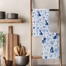 2件裝藍白瓷法鬥花卉印花 40*60cm 長方形超細纖維廚房毛巾，抹布、桌巾、手巾，廚房裝飾、居家裝飾，送給鄰居的喬遷禮物，適用於廚房與浴室，適合家庭主婦與家庭聚會，居家必需品 - 青檸色 - 查看 9