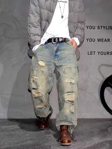 Men's New Straight Leg Cat Whisker Distressed American Casual Denim Jeans - Bronze - View 5