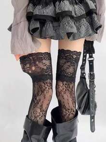 1雙女款白色對比蕾絲飾邊百搭舒適膝上襪，適合日常穿著 - 黑色 - 查看 3