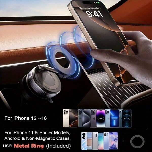360° Foldable Car Phone Holder, Magnetic Dashboard Mount With Vacuum Suction Base, Adjustable Navigation Bracket Compatible With IPhone And MagSafe Devices, Compact Car Accessory