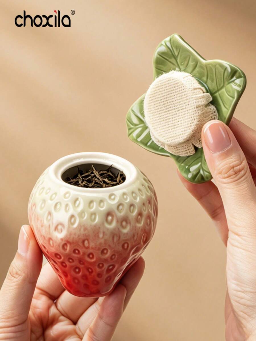 choxila 1pc Strawberry Pattern Sealed Ceramic Jar With Lid, Suitable For Storing Tea, Candy And Other Foods - Red - View 1