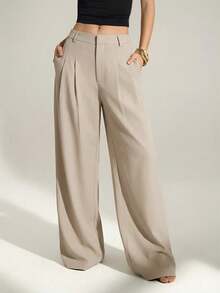 Sexy And Casual Business-Style High-Waisted Wide-Leg Pleated Trousers - Elegant Solid-Color Loose-Fitting Trousers, Professional Office Wear, Work Trousers With Co - 杏色 - 查看 12