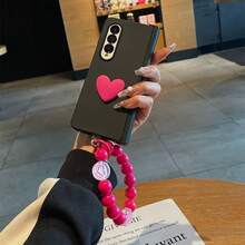 Cute 3D Heart Black Phone Case With Rabbit Shaped Bead Chain, Compatible With Samsung Galaxy Z Fold 8 Ultra Z Fold7 ZFold 5 Zfold6, Shockproof Back Cover - Black - View 2