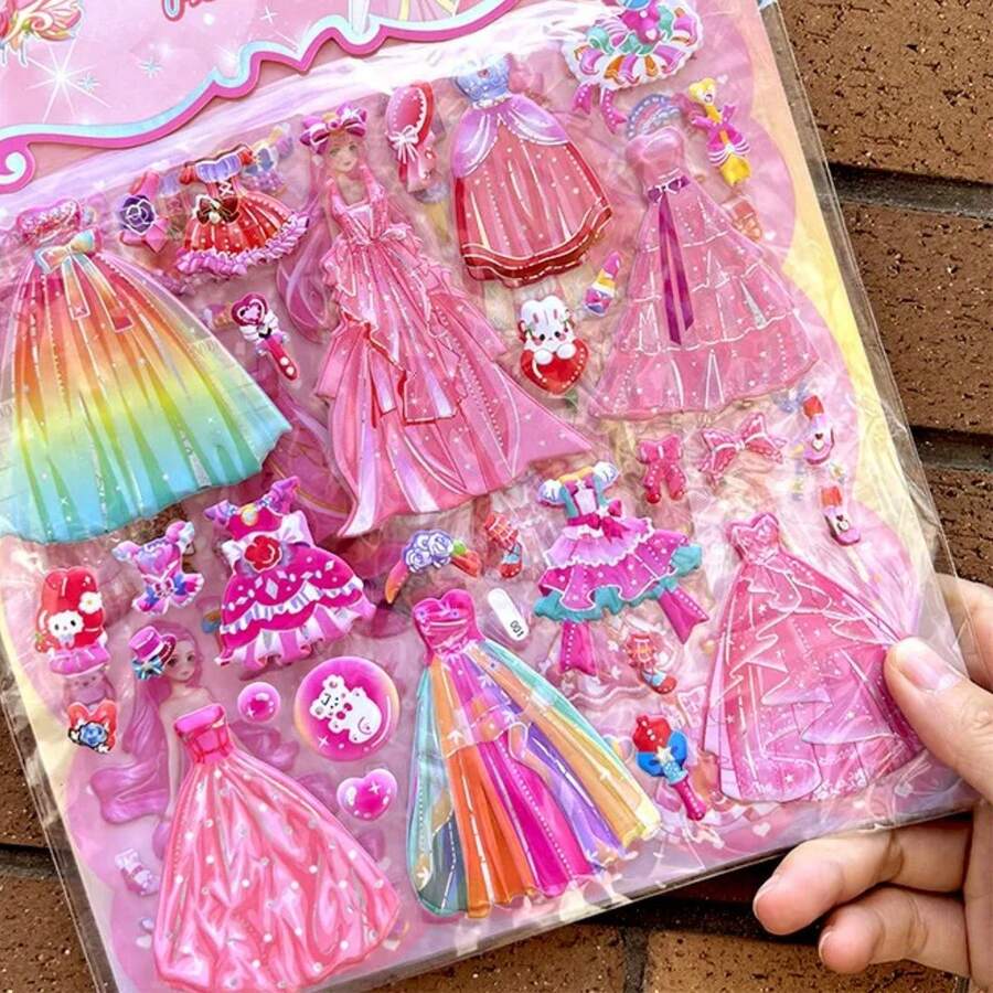1 Set Dream Princess 3D Dress-Up Stickers, Cartoon Double-Layer Bubble Stickers, Children's Game Stickers, Girls' Handmade Sticker Art Decoration, DIY Outfit Stickers, Children's Toy Sticker Art, Dress-Up Show Sticker Set, Girls' Ideal Birthday Gift, Girls' Game, Suitable As Birthday Gift, Holiday Gift, Christmas Gift, Christmas - Multicolor - View 1