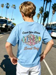 Tween Boy Casual Graphic Print Crew Neck Short Sleeve T-Shirt, Summer Top - Baby Blue - View 2