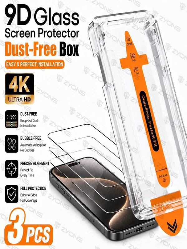 3 Packs 4K Ultra HD Tempered Glass Screen Protectors Compatible With IPhone 17 Pro Max/16 Pro Max/17 Air/17/16/15/14/13/12/11/Plus/Mini/XR/X/XS/XS Max One-Click Film Applicator, Easy Installation, Compatibility With Dynamic Island