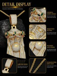 Bling Colorful Four-Leaf Clover Jesus Head Copper Zirconia Pendant Necklace, European And American Rapper Same Style Twisted Chain Necklace, Personalized Accessory For Men - Four-leaf Clover Jesus Pendant Necklace - View 7