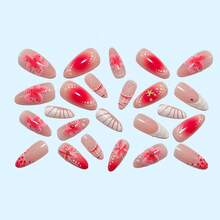 24Pcs Medium Almond Press-On Nails, Pink Gradient Base With 3D Flower, Seashell & Starfish Accents, Cute Summer Beach Wearable Nail Kit For Women, Reusable - Multicolor - View 3