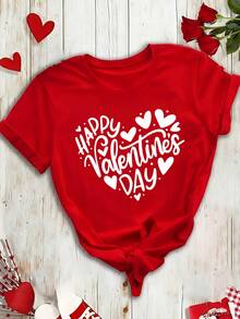Camiseta de manga corta con estampado festivo de San Valentín, corte regular y cuello redondo, ropa de mujer para primavera/verano, estilo casual para exteriores, tela ligera y transpirable, - Rojo - Ver 1