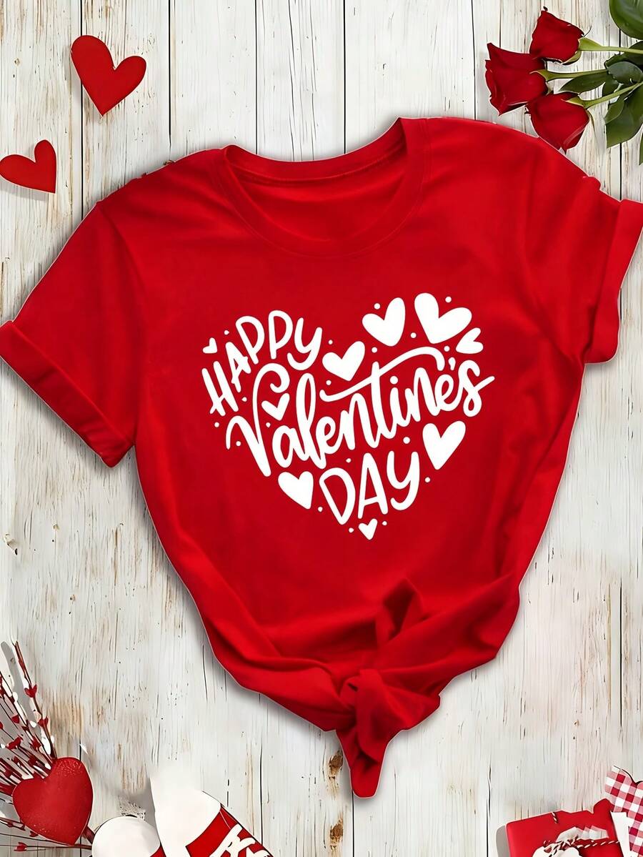 Camiseta de manga corta con estampado festivo de San Valentín, corte regular y cuello redondo, ropa de mujer para primavera/verano, estilo casual para exteriores, tela ligera y transpirable, - Rojo - Ver 1