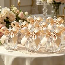 10 Sets de Frascos de Regalo de Acrílico Transparente con Lazo de Satén Dorado Champán, Contenedores de Almacenamiento Mini con Rayas Verticales, Adecuados para Joyas, Recuerdos, Bodas, Bautizos, Favores de Baby Shower y Regalos de Agradecimiento para Damas de Honor - Champán - Ver 1