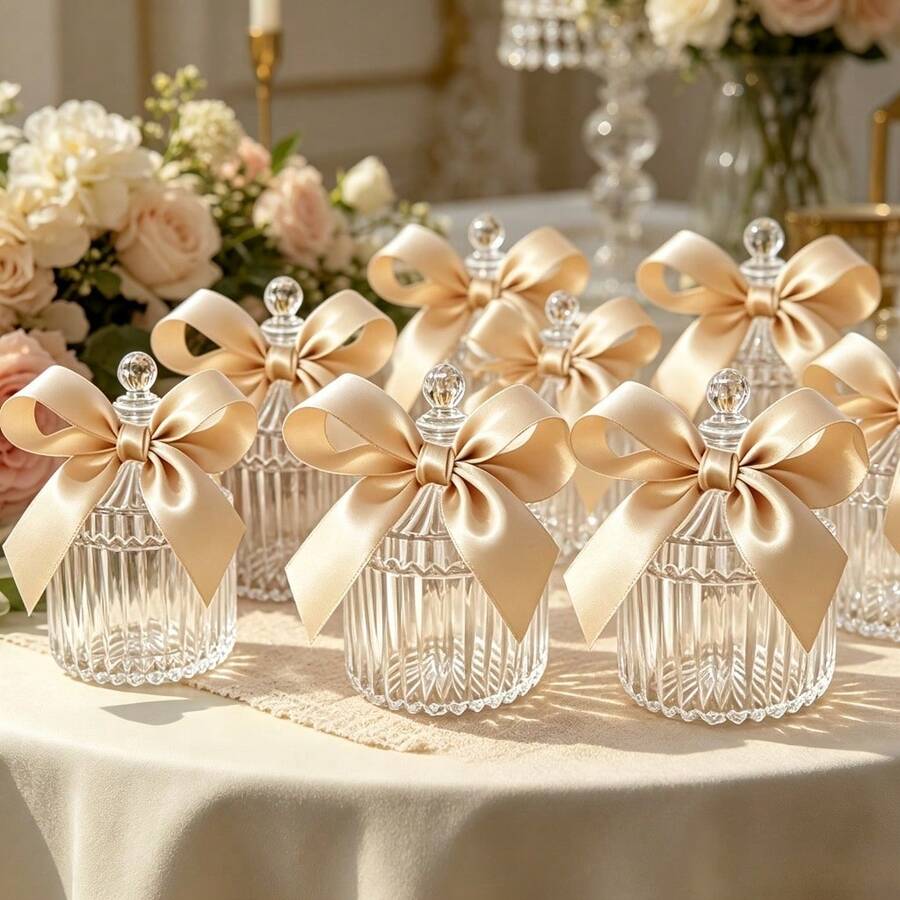 10 Sets de Frascos de Regalo de Acrílico Transparente con Lazo de Satén Dorado Champán, Contenedores de Almacenamiento Mini con Rayas Verticales, Adecuados para Joyas, Recuerdos, Bodas, Bautizos, Favores de Baby Shower y Regalos de Agradecimiento para Damas de Honor - Champán - Ver 1