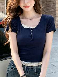 女款夏季純色鈕扣半開襟短袖休閒波點T恤 - 藏蓝色 - 查看 4