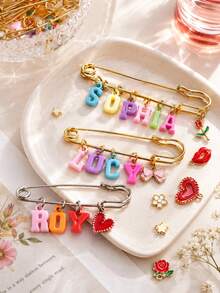 Custom Name Baby Safety Pin Brooch - Personalized Colorful Letter Pendant Brooch, Sweet Style Bow & Heart Children's Commemorative Jewelry, Birthday Gift - Multicolor - View 6