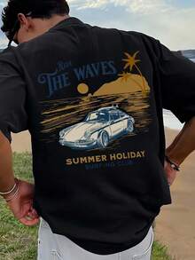 1 Piece Men's Graphic Print T-Shirt, Summer Beachwear, Loose Fit Short Sleeve T-Shirt. This Men's T-Shirt Has A Casual, Vacation-Inspired Style. - 黑色 - 查看 1