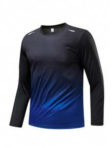 Men's Fashion Gradient Color Long Sleeve T-Shirt, Round Neck, Versatile Streetwear Brand Sports Short Sleeve Tee - Blue - View 2