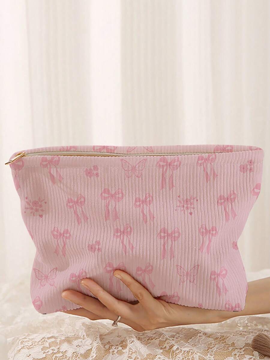 1 pieza Bolsa de almacenamiento de cosméticos portátil con patrón de lazo, impresa por ambos lados, estuche de maquillaje con cremallera para viaje, bolsa organizadora de artículos de tocador multifuncional - Multicolor - Ver 1