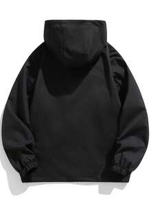 Men's Solid Color Hooded Jacket, Zipper Closure Functional Outerwear, With Zipper Decor Pockets, Plus Size Fit, Casual Long Sleeve Everyday Coat - Black - View 3