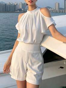 Halter Neck Short Sleeve Shirt Women Summer New Design French Style Open Shoulder Top White - White - View 4