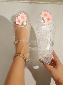 Women's Transparent PVC Floral Mary Jane Jelly Shoes, Hollow Breathable Flat Sandals, Pink Flower Decor, Suitable For Beach And Summer Daily Wear - White - View 2
