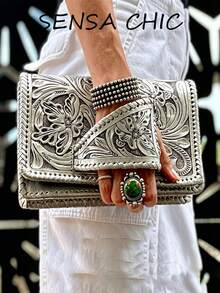 Western Vintage Envelope Bag Made Of Distressed Leather, Decorated With Hand-Carved Floral And Scroll Patterns, Showcasing A Rustic Western Style. Rich Texture And Vintage Silver Finish Give It A Timeless Aged Look, Making It A Versatile Accessory For Casual And Formal Occasions. - White - View 1