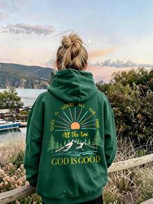 1pc Girls Sun & Mountain Print Casual Pullover Sweatshirt, Long Sleeve Design, Suitable For Autumn/Winter Wear - Dark Green - View 1