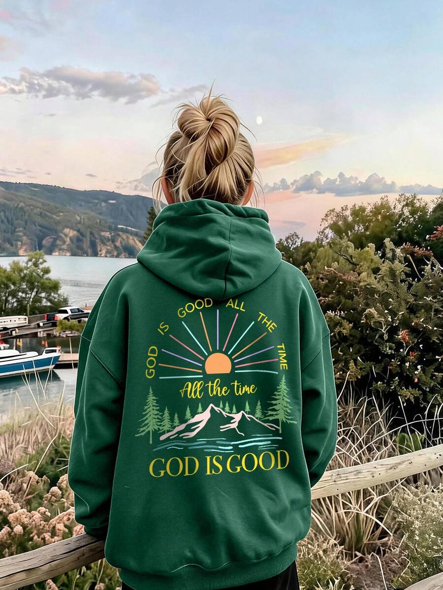 1pc Girls Sun & Mountain Print Casual Pullover Sweatshirt, Long Sleeve Design, Suitable For Autumn/Winter Wear - Dark Green - View 1
