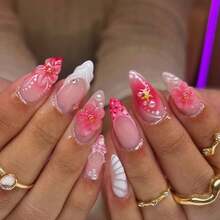 24Pcs Medium Almond Press-On Nails, Pink Gradient Base With 3D Flower, Seashell & Starfish Accents, Cute Summer Beach Wearable Nail Kit For Women, Reusable - Multicolor - View 1