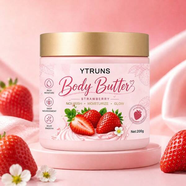 Ytruns Crema hidratante corporal con aroma a fresa, bálsamo corporal nutritivo e hidratante, adecuado para piel seca, crema de cuidado de la piel sedosa y brillante, 200g