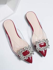 Square Buckle Rhinestone Closed Toe Slippers Women's Outdoor Wear Summer 2026 New French Style Slouchy Mule Sandals - Red - View 2