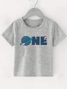 Camiseta creativa de manga corta y cuello redondo, ligera y cómoda, con estampado de planetas espaciales para el primer cumpleaños de niño, ropa infantil para el verano - Gris - Ver 1