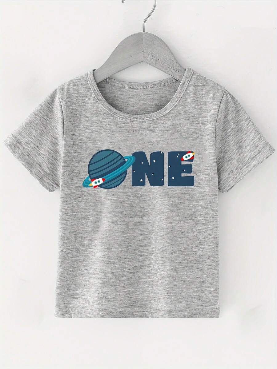 Camiseta creativa de manga corta y cuello redondo, ligera y cómoda, con estampado de planetas espaciales para el primer cumpleaños de niño, ropa infantil para el verano - Gris - Ver 1
