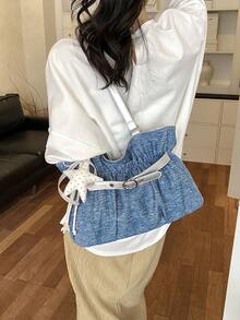 New Fashion Casual Solid Color Denim Fabric Tote Bag Star Pattern Pleated Fabric Women's Shoulder Bag - Blue - View 3