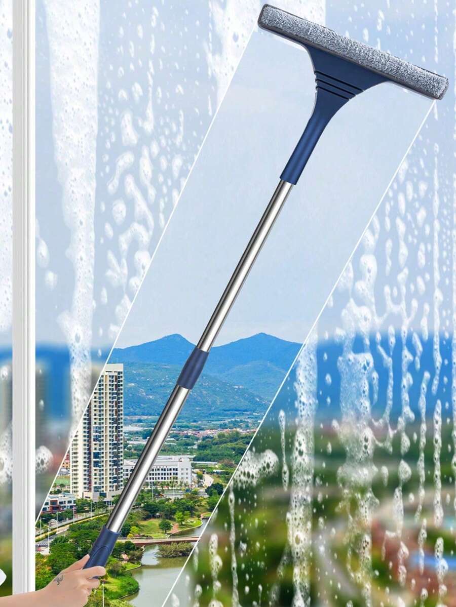 2-In-1 Rotatable Window Squeegee Cleaning Brush, Extendable Long Handle Glass Scraper, Flexible Microfiber Brush Head, Suitable For High Windows, Bathroom, Home Cleaning Essential Tool