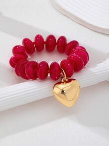 1 Peça Pulseira Elástica com Contas Multicoloridas Feita à Mão, Pulseira com Contas Redondas de Acrílico com Pingente de Coração Banhado a Ouro, Joia de Destaque Empilhável para Mulheres - Multicolorido - Visão 17