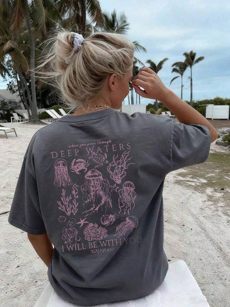 A Loose And Versatile Top With A Round Neck, Ideal For Everyday Wear And Vacations. Women's Graphic T-Shirts, Pink Top - Unisex, Comfortable, Urban Vintage Style, Loose Fit, Washed T-Shirt - Dark Gray - 查看 1