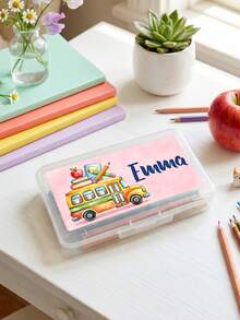 1pc Custom Pencil Case With Name, Clear Pencil Box With Cartoon Apple/Bus Design, Perfect Back To School Gift For Students,Ideal For Classroom And Home Use - Multicolor - View 13