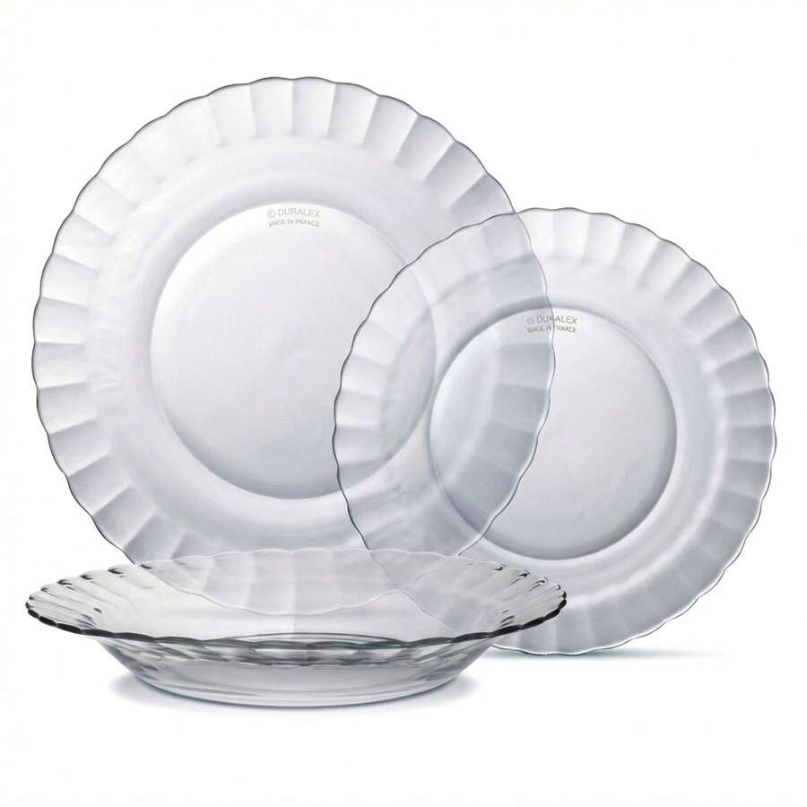 DURALEX | Complete Dinnerware Set For 4 People, 12 Pieces, Ultra-Resistant Tempered Glass, Microwave And Dishwasher   - Duralex Glass Dinnerware With Elegant And Durable Design - 12件套餐具,透明材質,附浮雕圖案 - 查看 1