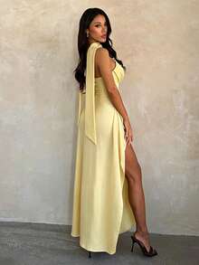 Sexy Women's Sleeveless Thigh-High Slit Knit Dress, Elegant Strapless Long Evening Gown, Suitable For Parties And Formal Occasions Summer Yellow - Yellow - View 4
