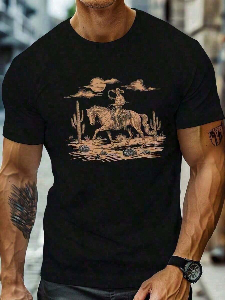 [Durable] Men's Western Cowboy Horse Graphic T-Shirt - Classic Desert Scene Print, Crew Neck, Short Sleeve, Lightweight Summer Casual T-Shirt, Occi T-Shirts - 黑色 - 查看 1