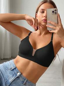 1pc Women's Casual Minimalist Solid Color Deep V-Neck Spaghetti Strap Backless Bra, Comfortable & Suitable For Wedding Dress - Black - View 5