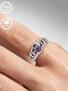1 pezzo Anello vintage in argento sterling S925 con nodo celtico e zirconi sintetici viola incastonati, regalo essenziale per San Valentino per uso quotidiano, con scatola regalo inclusa - Argento - Visualizzare 6
