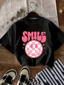 Face Short Sleeve T-Shirt - Casual Round Neck Blouse For Summer Outdoor Games, No Numbers, Hand Wash - Comfortable For Summer - Black - View 1