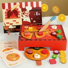 Kids'wooden Pretend Pizza Cutting Play Set With Various Toppings, A Fun Kitchen Role-Play Game For Parent-Child Interaction, Perfect Birthday Gifts - Multicolor - View 8