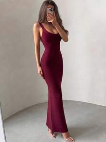 Women's Fashion Summer Sexy Elegant Backless Spaghetti Strap Red Long Ribbed Bodycon Bandage Dress, Evening Party Cocktail Nightclub Dress - Burgundy - View 5