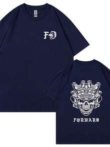 Camiseta de manga corta con estampado de doble cara de calaveras en estilo futurista europeo y americano. - Negro - Ver 9
